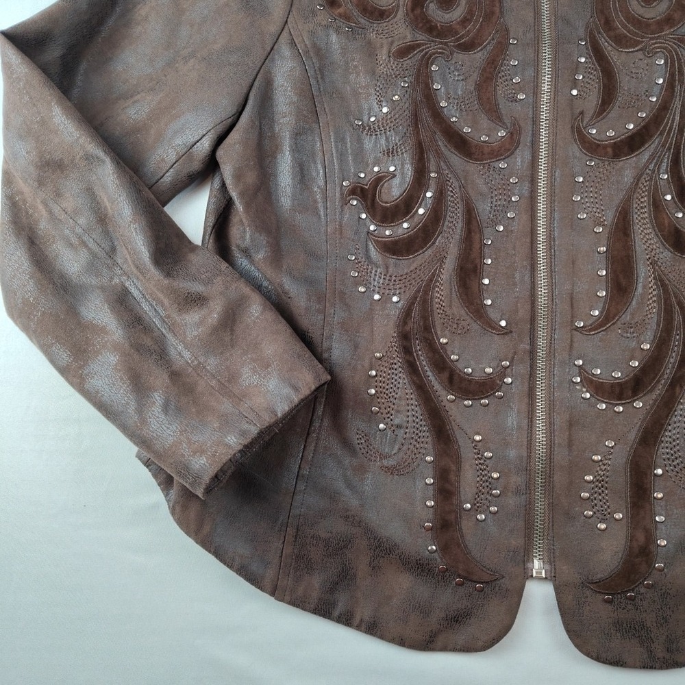 Reba Women's Faux Vegan Leather Jacket Sz L Studded Brown Western Zipper - Picture 4 of 16